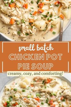 chicken pot pie soup in a white bowl with carrots and green onions on top