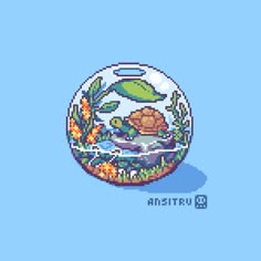 an image of a pixellated fish bowl with plants and leaves in the center on a blue background