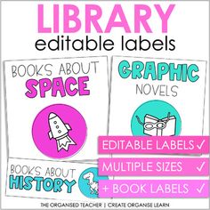 three books about graphic novels with the title library editable labels