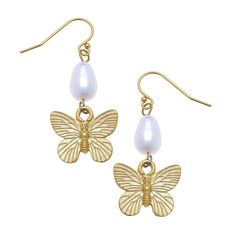 Gold Butterfly & Genuine Freshwater Pearl Wire Earrings 1.63 inches Handcast 24Kt Gold Plated Handmade in San Antonio, TX Gold Pearl Earrings With Ear Wire, Gold Brass Pearl Earrings With Ear Wire, Butterfly Earrings Gold, Family Jewellery, Freshwater Pearls Earrings, 24kt Gold, Gold Butterfly, Pearl Earrings Dangle, San Antonio Tx