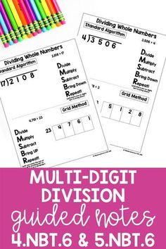 multi - digit division guided notes and 5 nbts for students to practice numbers