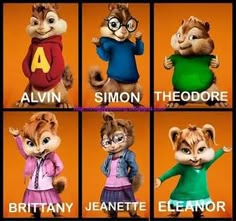 the chipmuns are all dressed up in different outfits and names for each character