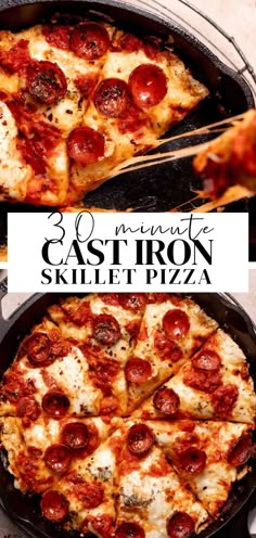 a skillet pizza with pepperoni and cheese on it is shown in front of the words 8 minute cast iron skillet pizza