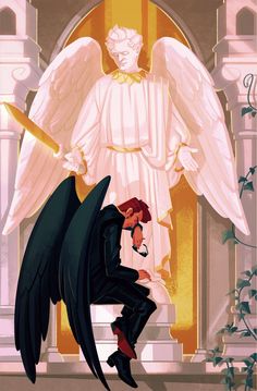 an angel sitting on top of a black bird next to a man in a suit