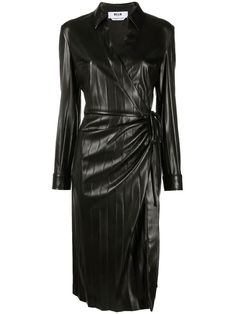 This MSGM faux leather dress features a wrap design, a V-neck, and long sleeves. It is fully pleated and has a tie detail at the waist. The dress is knee length and has button closures at the cuffs. Leather Midi Dress, Fashion Png, Black Leather Dresses, Faux Leather Dress, Ladies Clothing, Leather Dresses, Brand Store, Faux Wrap Dress, Leather Dress