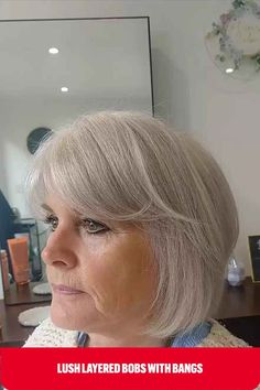 Layered Bob with White Blend Regrowth and Bangs for older women Layered Cut With Bangs, Chic Hairstyle, Bob Hairstyles With Bangs, Layered Cut