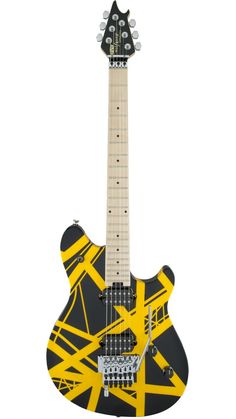 an electric guitar with yellow and black stripes on it's body, in front of a white background