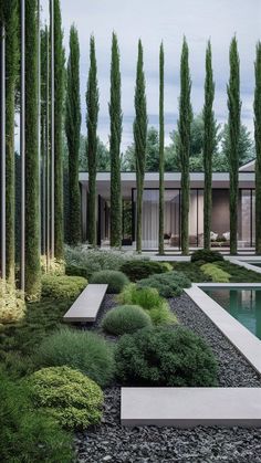 an outdoor garden with trees and plants surrounding the pool