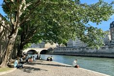 people are sitting on the bank of a river