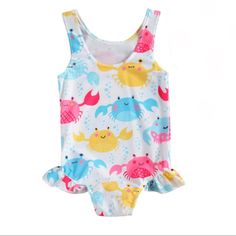 This One Piece Swimwear Is Made Of High Quality Polyester, Soft Breathable, Lightweight And Quick Dry. Scoop Neck. Cute Pastel Crab Print, Sleeveless, Ruffled Hem Design. Inv # 6791 Kids Swimsuit, Crab Print, Baby Swimsuit, Baby Swimwear, Summer Swim Suits, Beach Swimsuit, Pink Kids, Print Swimsuit