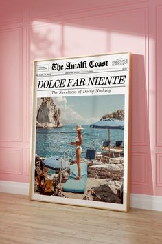 an advertisement for the amalfi coast featuring a woman on a beach