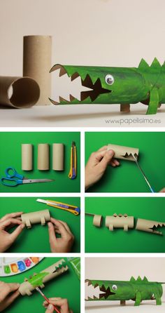 paper roll crafts that are made to look like alligators