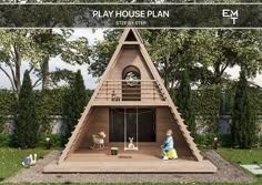 a wooden play house in the shape of a triangle with two children playing on it