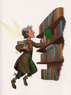 an illustration of a man flying through the air next to a book shelf filled with books