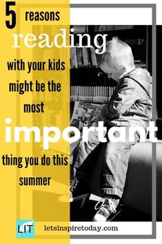 a young boy sitting on top of a chair next to a bookshelf with the words reading with your kids might be the most important thing you do this summer