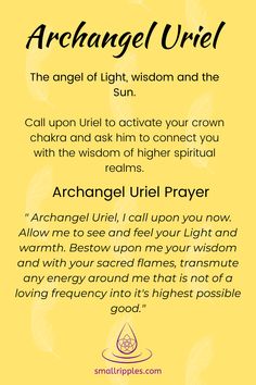 an angel prayer card with the words, archangel uriel