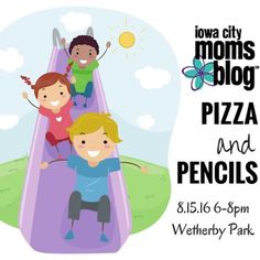 kids slide down a hill with the words iowa city moms blog pizza and pencils