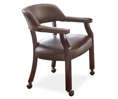 a brown leather office chair with casteors