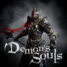 the demon's soul logo with a knight in full armor holding two swords and standing on a dark background