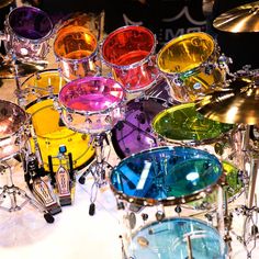 the colorful drum set is on display for everyone to see