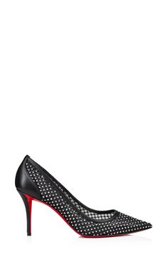 Sparkling crystals illuminate the mesh upper of this pointy-toe pump grounded by that iconic Louboutin-red lacquered sole. 3 1/4" (83mm) heel Wipe with a soft, dry cloth and store in a dust bag Please note the red lacquer on soles will wear off as a result of normal use. To minimize the effect, avoid wearing in wet weather or on abrasive surfaces Textile and leather upper and lining/leather sole Made in Italy Designer Shoes Elegant Heels With Perforations, Elegant Perforated Pointed Toe Heels, Elegant Pointed Toe Heels With Perforations, Formal Heels With Perforations And Pointed Toe, Formal Perforated Pointed Toe Heels, Chic Formal Heels With Perforations, Rhinestone Pumps, Red Louboutin, Red Lacquer