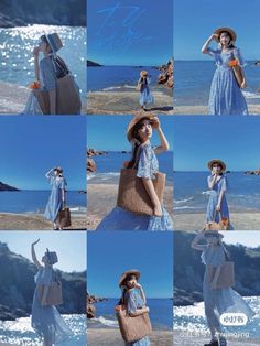 a woman in a blue dress and hat on the beach with her hand over her head