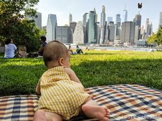 a baby sitting on top of a blanket in the grass next to a city skyline