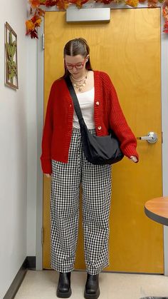 #red #gingham #outfit #blackandwhite #cardigan #baggu #officewear #work #corporate #charms #necklace #ootd #fashion #style #amazon Ghingam Pants Outfit, Holiday Cardigan Outfit, Outfits For Bright Red Hair, Gingham Pants Outfit Winter, February Aesthetic Outfit, Gingham Pants Outfit Fall, Fun Business Professional Outfits, Hankerchief Outfit Women, Dopamine Outfits Aesthetic