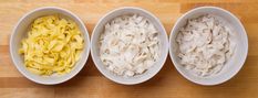 three bowls filled with different types of noodles