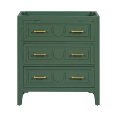 a green nightstand with two drawers and gold handles on the bottom, in front of a white background