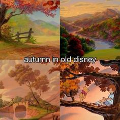 four different scenes from winnie the pooh's autumn in old disney