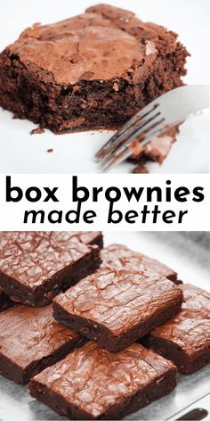 chocolate brownies are stacked on top of each other with the words box brownies made better