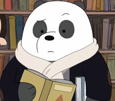 a panda reading a book in front of a bookshelf