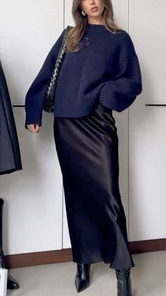 Fall Black Satin Skirt Outfit, Modest Fashionable Outfits, Navy Blue Silk Skirt Outfit, Black Maxi Satin Skirt Outfit, Navy Skirt Outfit Winter, Navy Blue Satin Skirt Outfit, Black Knit Skirt Outfit, Navy Satin Skirt Outfit, Blue Satin Skirt Outfit