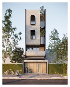 an architectural rendering of a modern building with plants growing out of the windows and doors