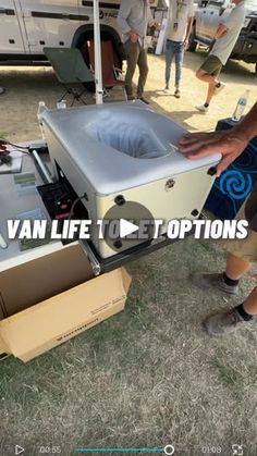 a man standing in front of a box with an open lid on it and the words van life top options