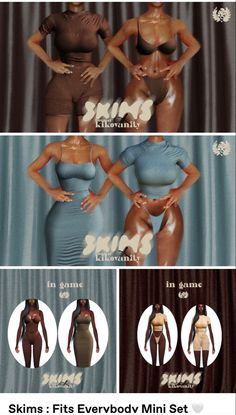 three different images of women in bodysuits and bra tops, with the words bikinis fit everybody mini set on them