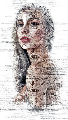 a drawing of a woman's face with words all over her body and neck