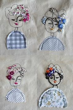 four different images of the same woman's head with flowers in her hair, and one is made out of fabric