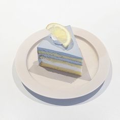 a slice of cake on a plate with a lemon wedge