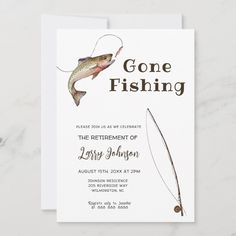 a fishing birthday party card with a fish on the hook and an inscription that reads gone fishing