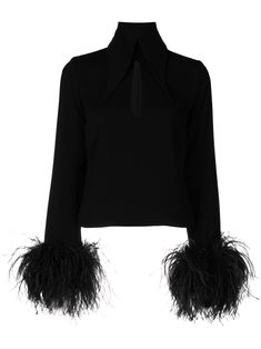 Black ostrich feather feather-trim cut-out blouse from 16ARLINGTON featuring cut-out detailing, feather-trim detailing, oversized pointed collar, long sleeves, concealed rear zip fastening and straight hem. Emo Glam, Feather Blouse, Feather Sleeves, Feather Cut, Feather Tops, Embellished Blouse, Feather Trim, Ostrich Feather, Trim Top