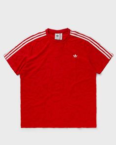 Cheap Red Jersey For Sports Season, Red And Black Adidas Long Sleeve Shirt, Red T-shirt For Spring Loungewear, Adidas Three Stripes Summer Tops, Adidas Summer Tops With Three Stripes, University Red Crew Neck Top For Summer, Red Sporty Relaxed Fit Tops, Red Sporty Tops With Relaxed Fit, Red T-shirt For Summer Loungewear