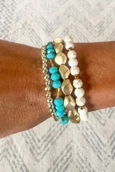 Add a pop of turquoise to your outfit with the Hazel Bracelet Stack. This versatile stack includes four bracelets, perfect for mixing and matching. Elevate your style with this chic accessory. Trendy Turquoise Stretch Bracelet For Everyday, Trendy Turquoise Stackable Beaded Bracelets, Everyday Turquoise Stackable Stretch Bracelet, Stack Bracelets, Bracelet Stacks, Girl Bracelet, Summer Bracelet, Summer Bracelets, Travel Inspired