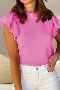 Ruffle Sleeve Shirt, Casual Knit Top With Ruffle Sleeves, Fitted Casual Sweater With Ruffles, Casual Fitted Sweater With Ruffles, Winter Stretch Cotton Knit Top, Pink Stretch Top With Ruffle Sleeves, Casual High Stretch Sweater, Pink Ruffled Winter Top, Pink Ruffled Tops For Winter