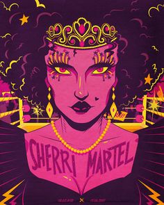 a poster with an image of a woman wearing a tiara and the words, sherril martel