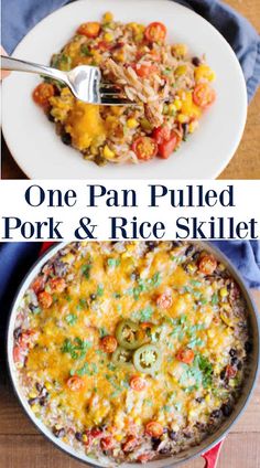 one pan pulled pork and rice skillet is the perfect meal for busy weeknight