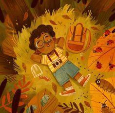 a painting of a boy laying on the ground surrounded by autumn leaves and bugs, with his eyes closed