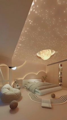 a room with two beds and some lights on the ceiling above them is a circular bed