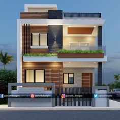 the front view of a two story house with balconies and plants on the roof